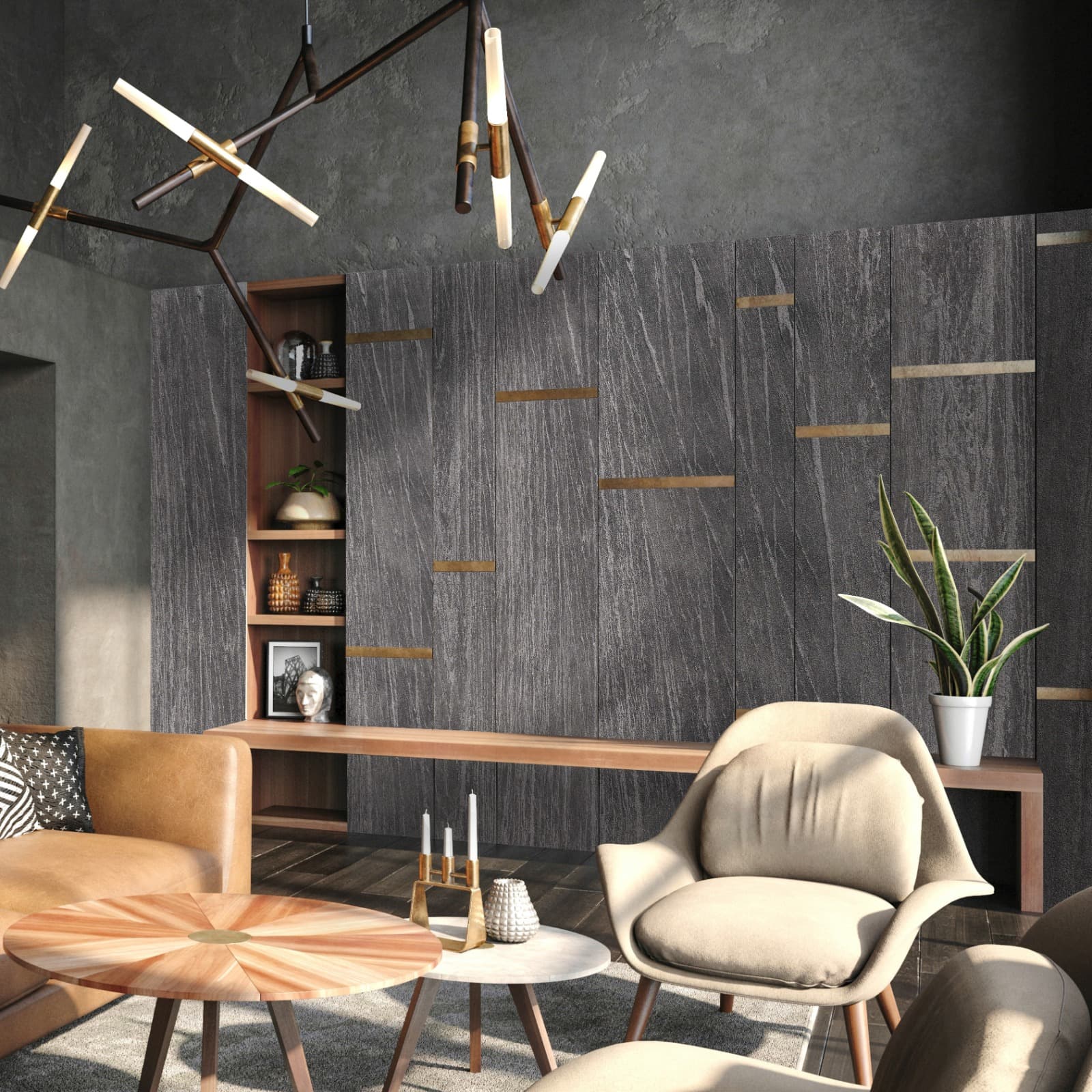 Interior with arched openings and tropical plants